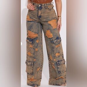 Fashion Nova Riley Ripped Cargo Jeans Brown Acid Wash Size 5 (No Stretch)